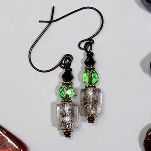 Green Glass Antique.Bronze Hooks Hidden Meaning earrings Glitchy Glam , La  464■
